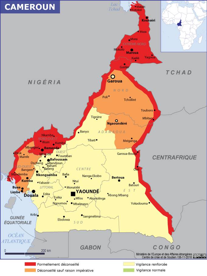 Carte des zones de sécurité au Cameroun